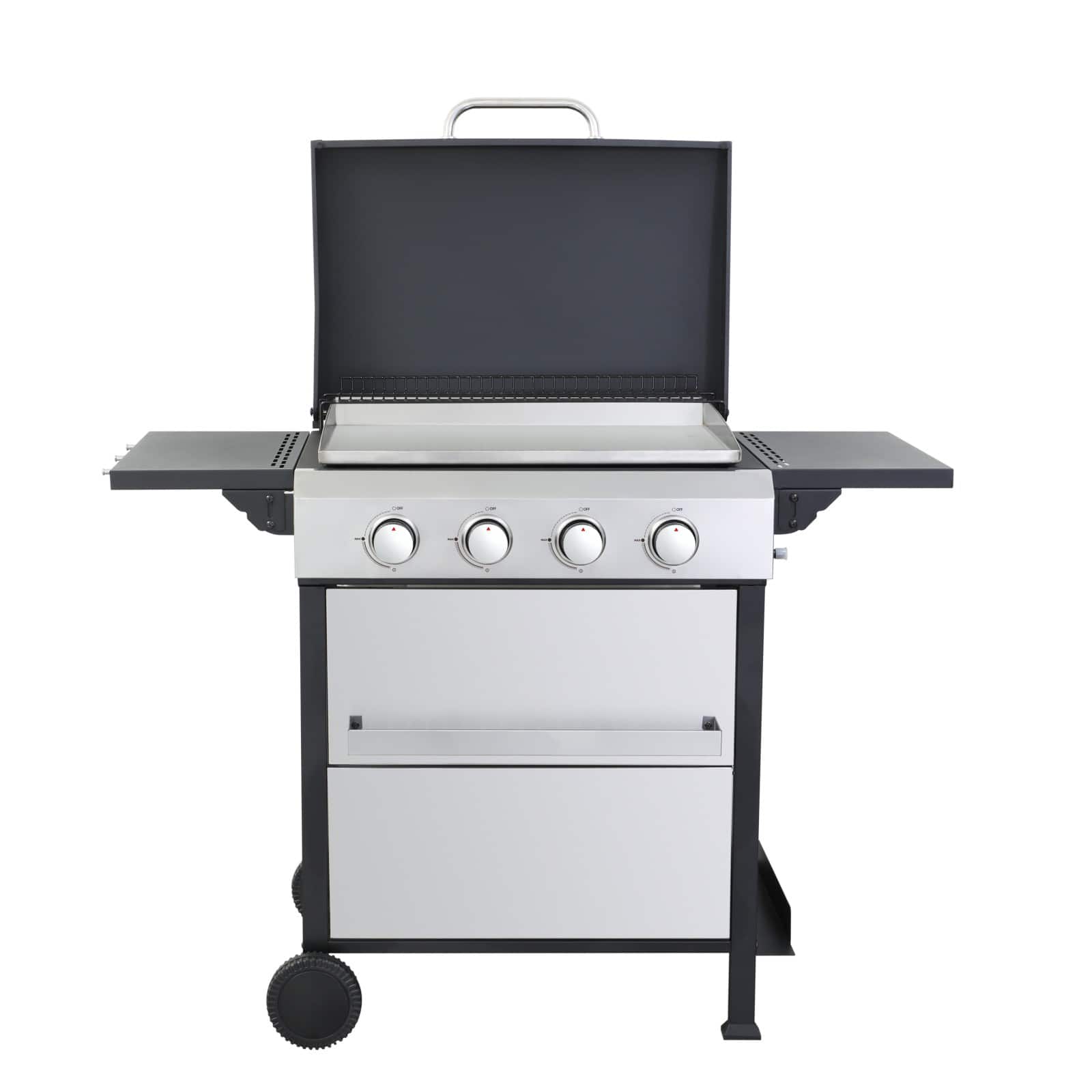 Ecooso - 4-Burner Propane Gas BBQ Grill, SS Plancha, 49200BTU Output With Wire Enamel Cooking Grids, Foldable Side Table - Black+Silver