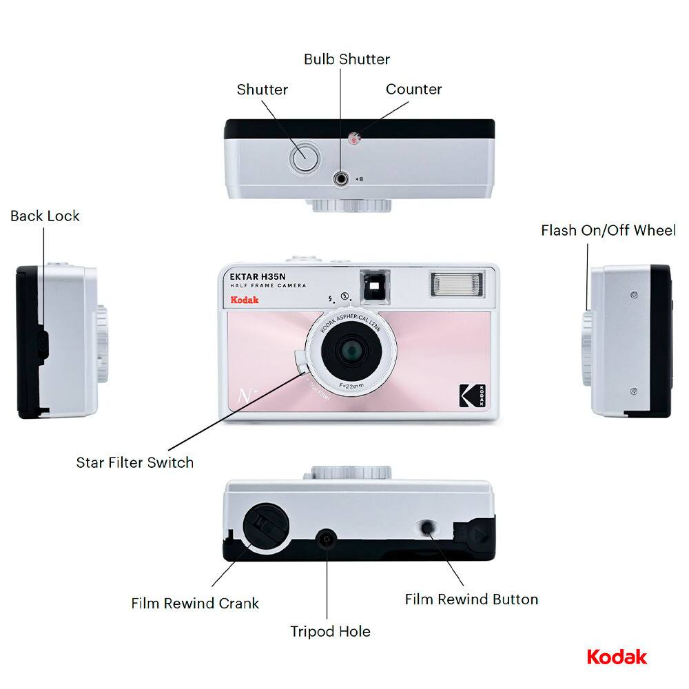 Kodak, EKTAR H35N HALF FRAME CAMERA, Kodak ASPHERICAL LENS = 22mm, Bulb Shutter, Shutter, Counter, Back Lock, Flash On/Off Wheel, Star Filter Switch, Film Rewind Crank, Film Rewind Button, Tripod Hole