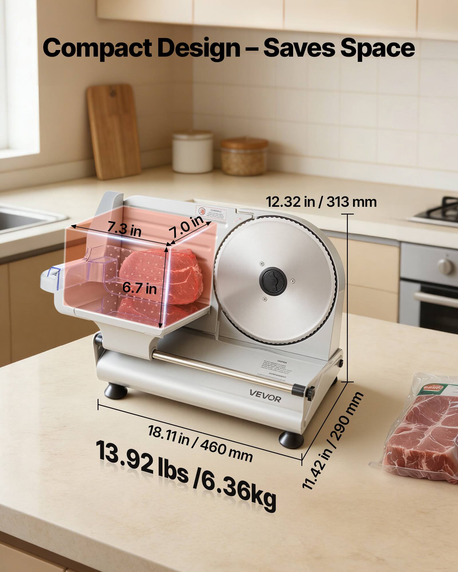 Compact Design - Saves Space

- 7.3 in
- 7.0 in
- 6.7 in
- 12.32 in / 313 mm
- 18.11 in / 460 mm
- 11.42 in / 290 mm
- 13.92 lbs / 6.36 kg

VEVOR
