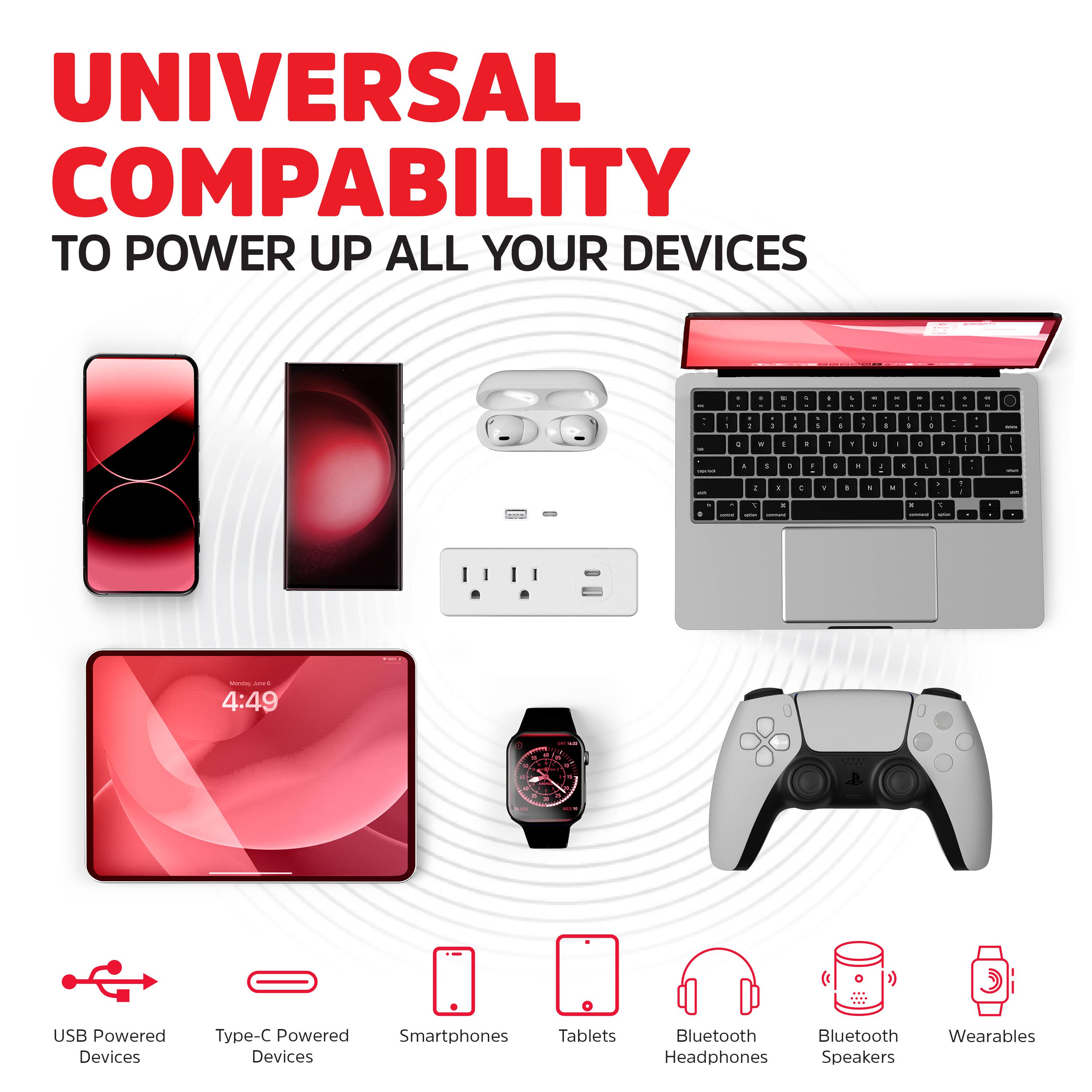 UNIVERSAL COMPATIBILITY  
TO POWER UP ALL YOUR DEVICES

USB Powered Devices  
Type-C Powered Devices  
Smartphones  
Tablets  
Bluetooth Headphones  
Bluetooth Speakers  
Wearables