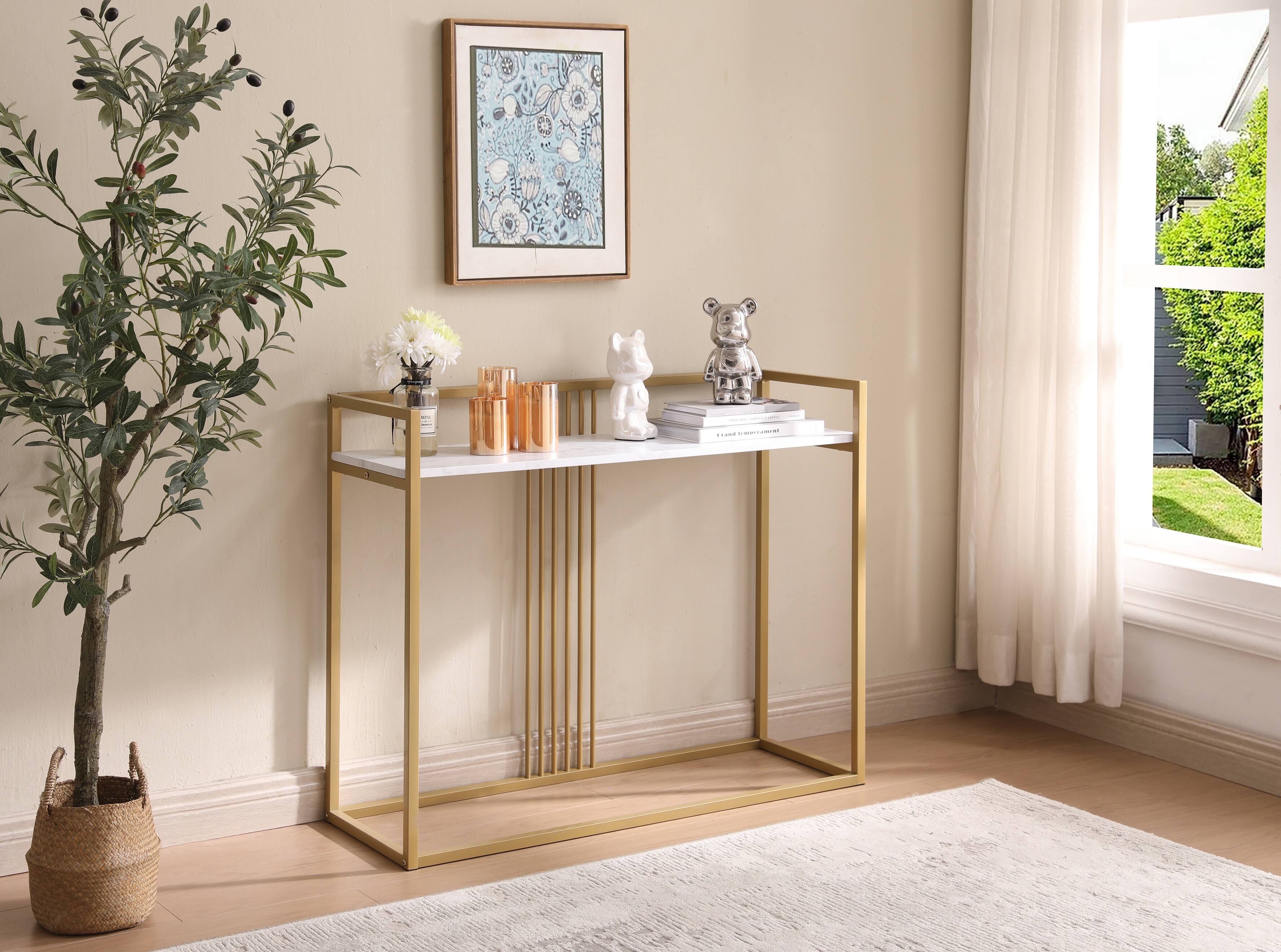 Kings Brand Furniture - Modern Sofa Console Table with Faux Marble Storage Shelf & Gold Metal Frame - White