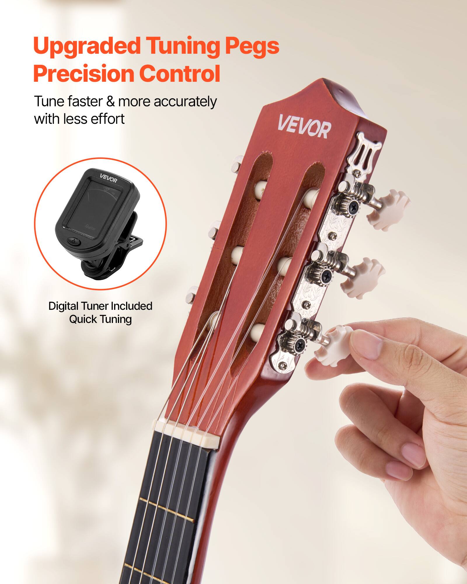 Upgraded Tuning Pegs  
Precision Control  
Tune faster & more accurately with less effort  

VEVOR  

Digital Tuner Included  
Quick Tuning