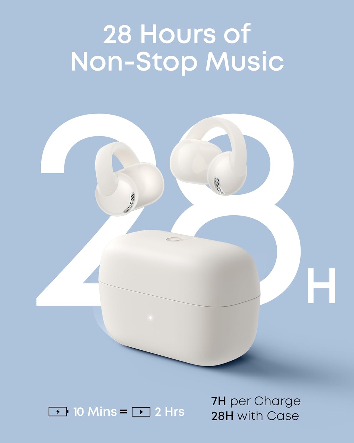 28 Hours of Non-Stop Music  
28 H  
7H per Charge  
10 Mins = 2 Hrs  
28H with Case