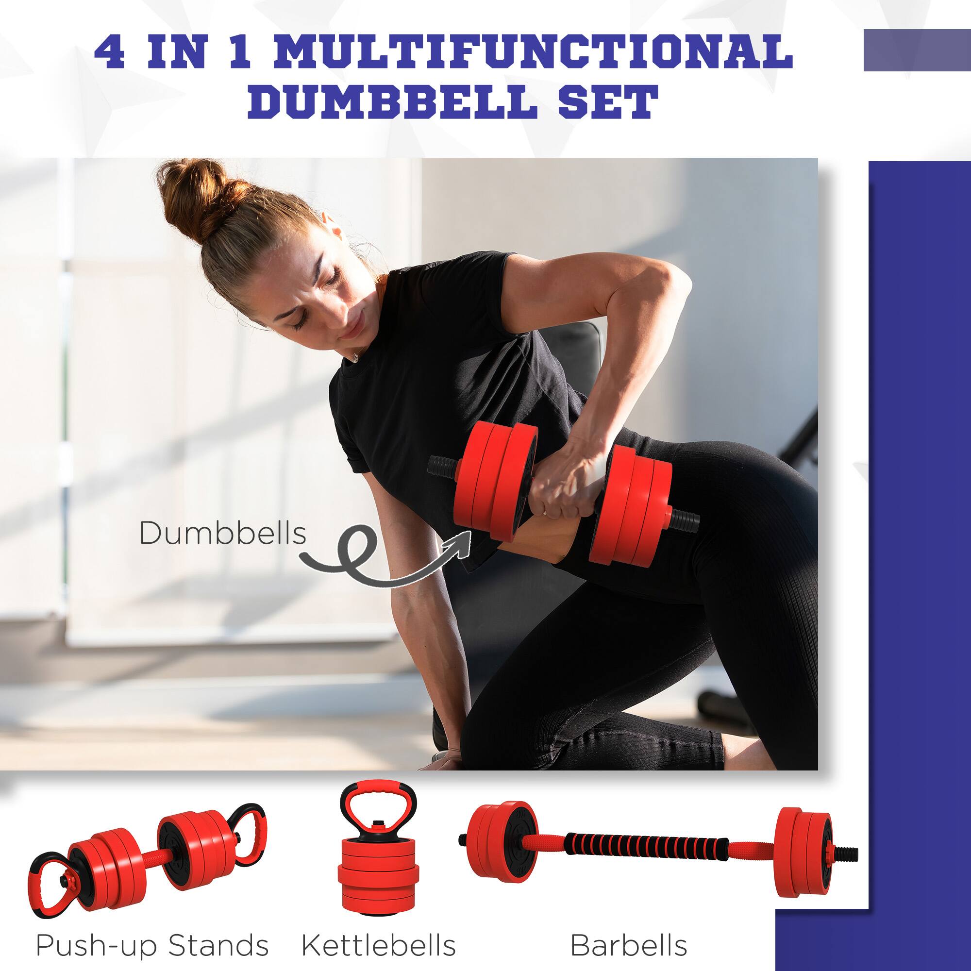 4 IN 1 MULTIFUNCTIONAL DUMBBELL SET

- Dumbbells
- Push-up Stands
- Kettlebells
- Barbells