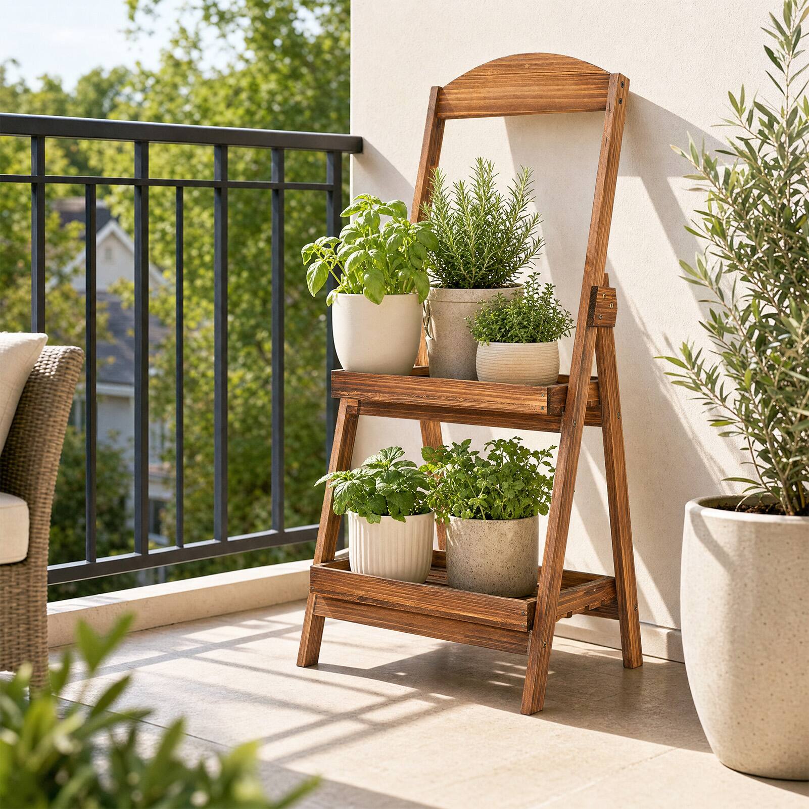 Alt View 1. Costway - Costway 2-Tier Ladder Shelf with Fir Wood Frame, Raised Edges & Open Design for Balcony - Rustic Brown.