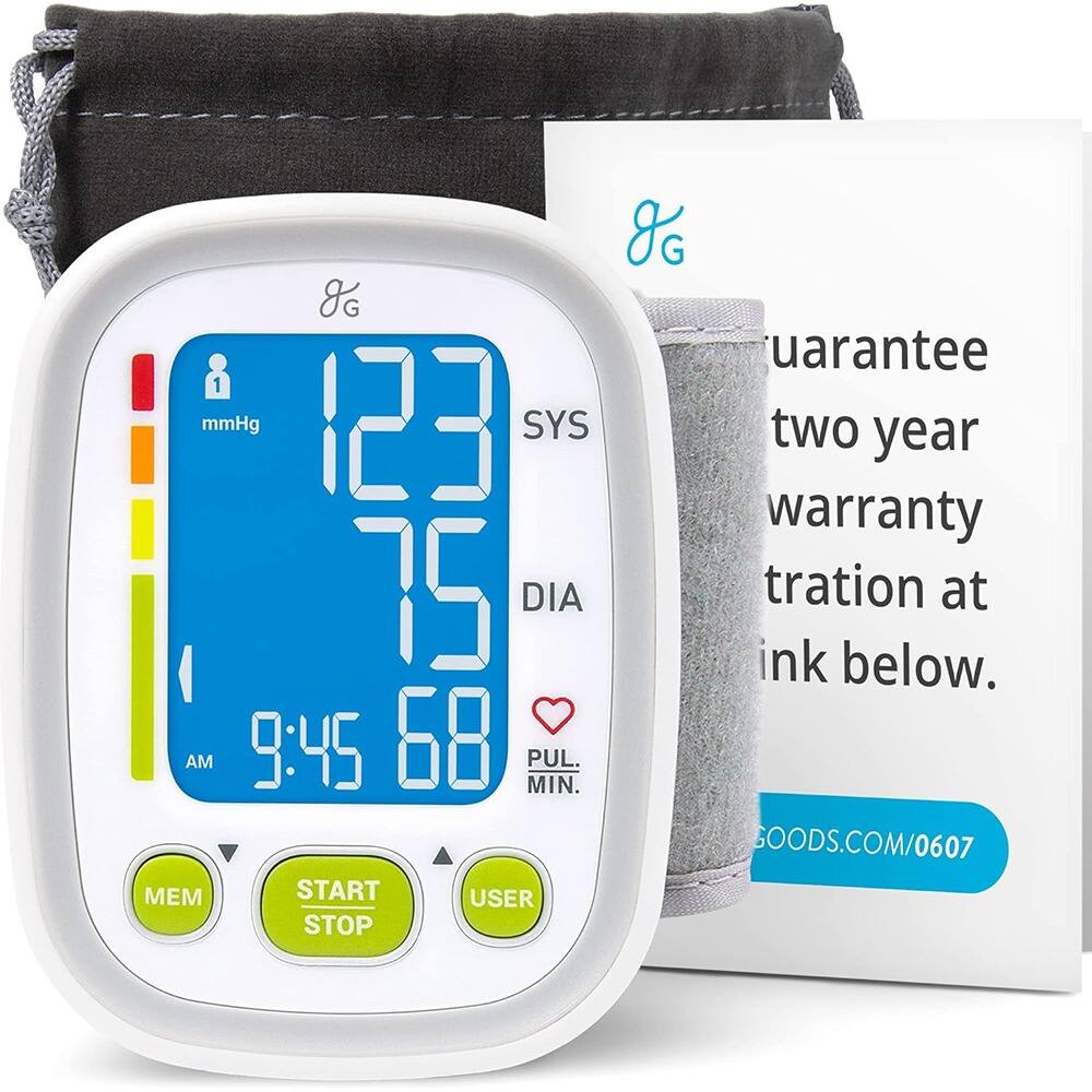 Sure, here is the corrected and grouped text from the image:

---

**Blood Pressure Monitor Display:**

- **123** mmHg SYS
- **75** mmHg DIA
- **68** PUL. MIN.
- **9:45 AM**

**Buttons:**
- MEM
- START STOP
- USER

**Text on the Box:**

- Guarantee two year warranty
- tration at link below.
- GOODS.COM/0607

---

This should accurately reflect the information presented in the image.