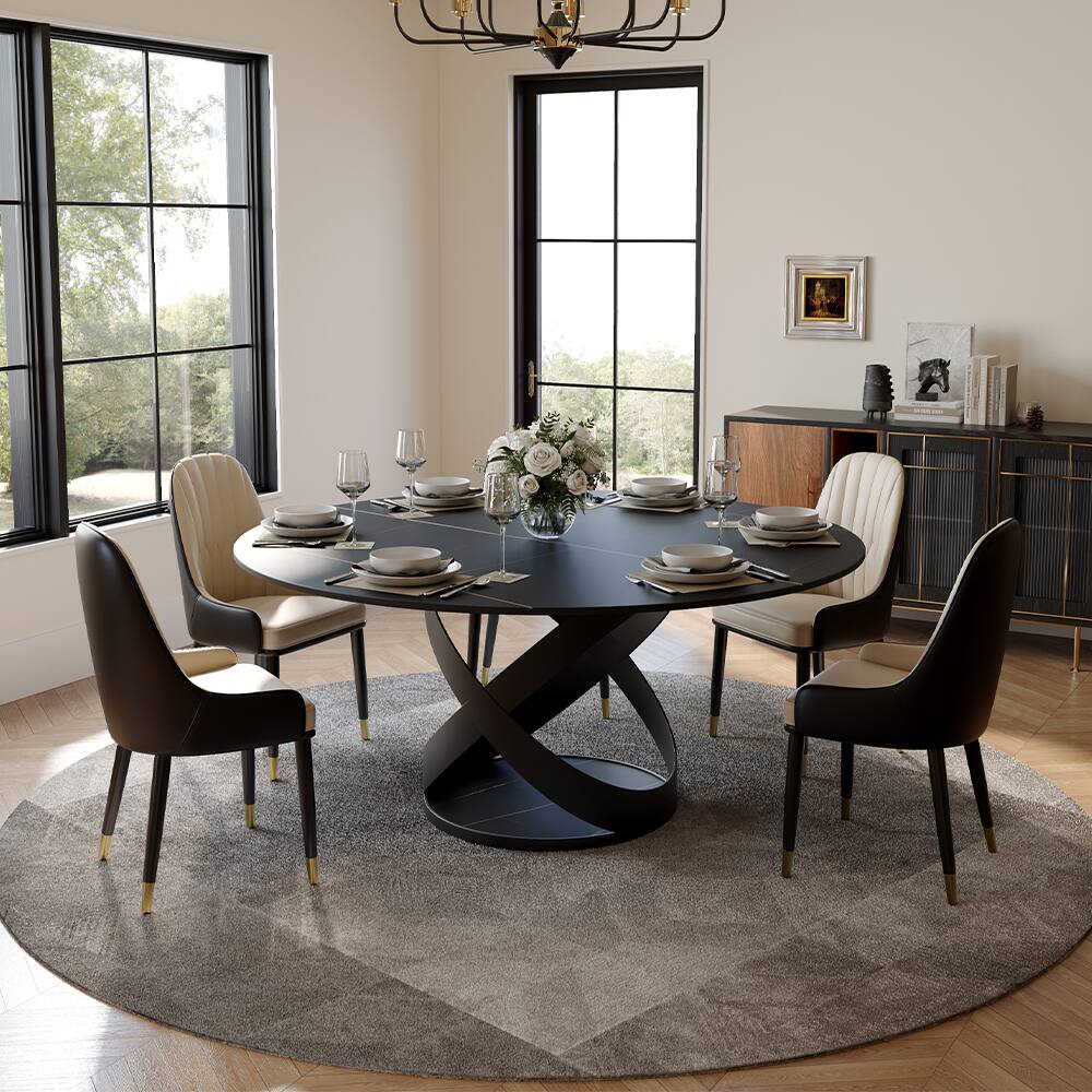 Left. POVISON - 59" Modern Round Black Dining Table for 6, Matte Sintered Stone Tabletop with Black X Carbon Steel Base - Black Matte Sintered Stone with Black.