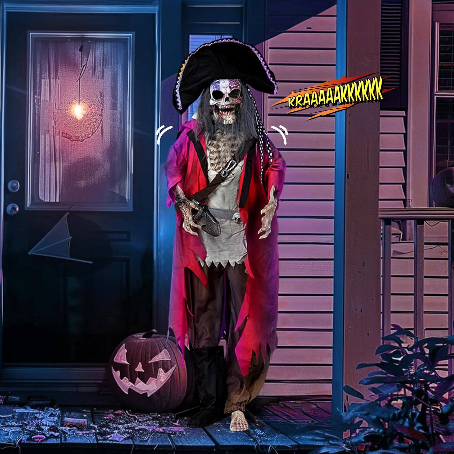 Alt View 6. Winado - 6.3FT Halloween Scary Pirate with Voice Control, Lights, Movable Arms Party Prop for In/Outdoor Patio Garden Decorations - Red & White.