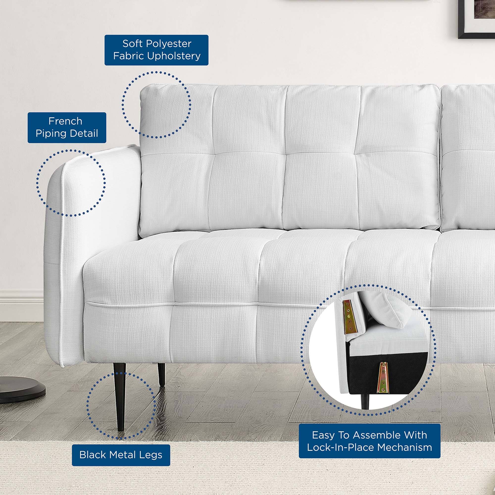 - Soft Polyester Fabric Upholstery
- French Piping Detail
- Black Metal Legs
- Easy To Assemble With Lock-In-Place Mechanism