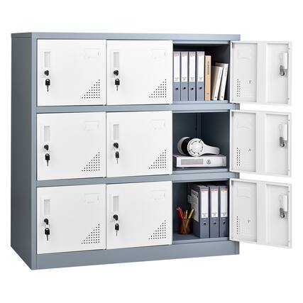 Front. VEVOR - 9 Doors Metal Locker, Lockable Steel Storage Cabinet, 66 lbs Loading Capacity, 2 Keys for Each Door, 3 Tiers Employee - White.