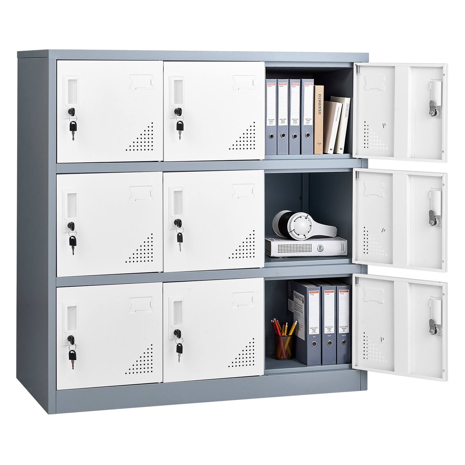 Front. VEVOR - 9 Doors Metal Locker, Lockable Steel Storage Cabinet, 66 lbs Loading Capacity, 2 Keys for Each Door, 3 Tiers Employee - White.