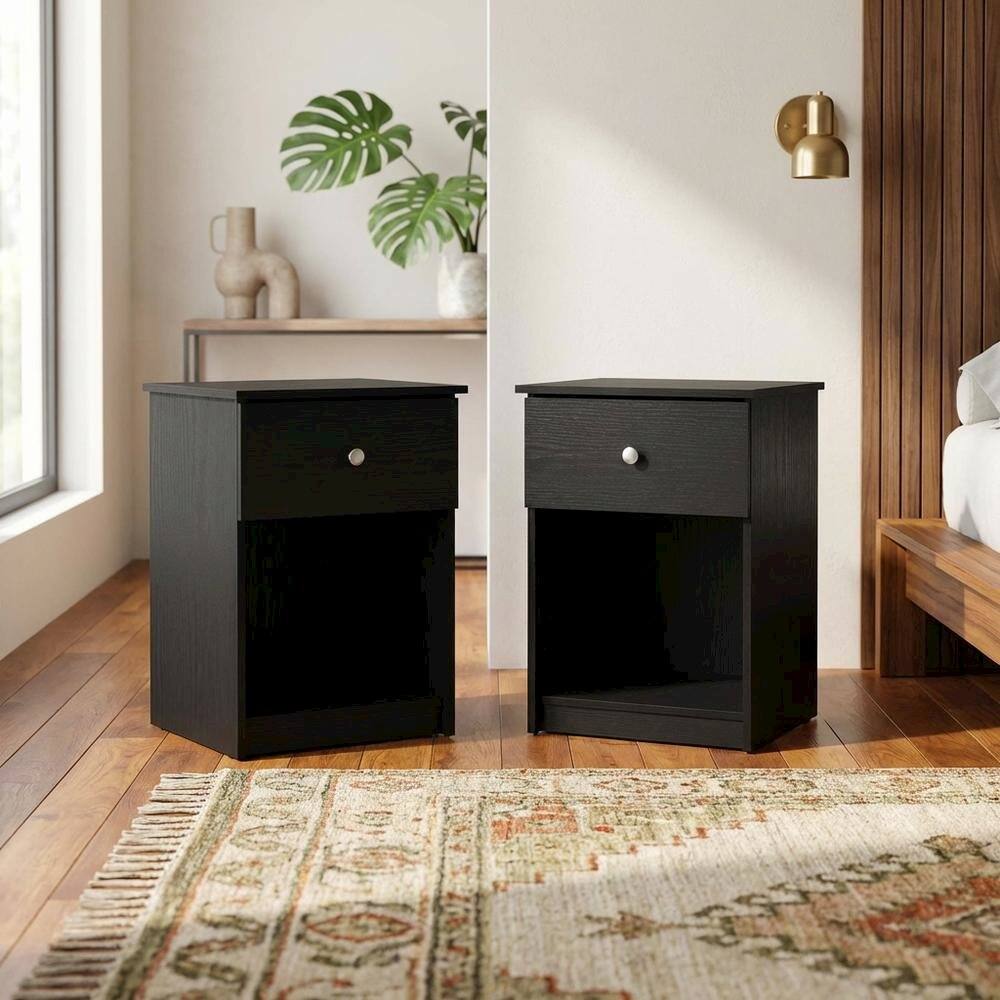 Left. FurniFact - Black Wood Nightstand Set with Drawer - Modern Bedside Storage - Black Oak.