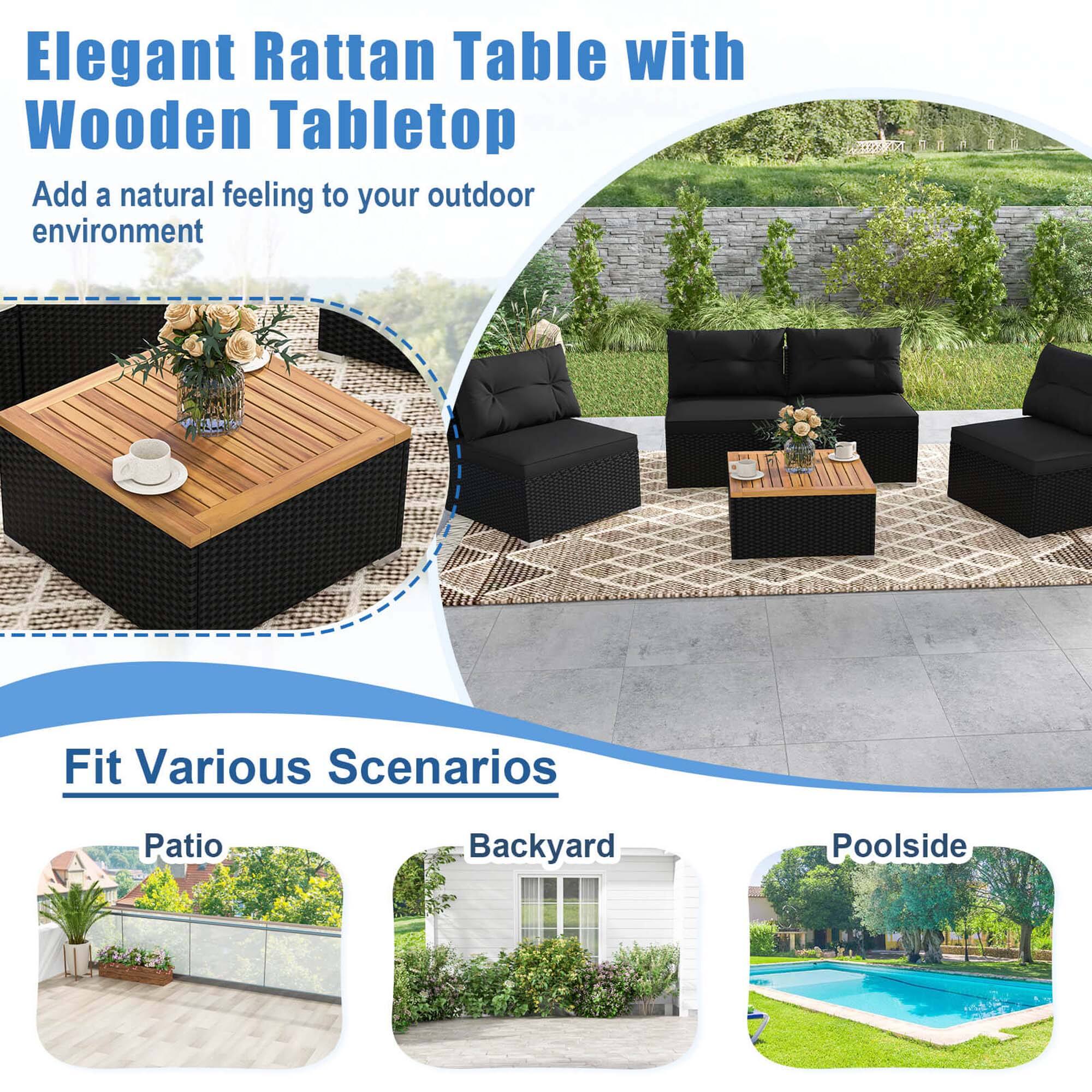 Elegant Rattan Table with Wooden Tabletop, Add a natural feeling to your outdoor environment, Fit Various Scenarios, Patio, Backyard, Poolside