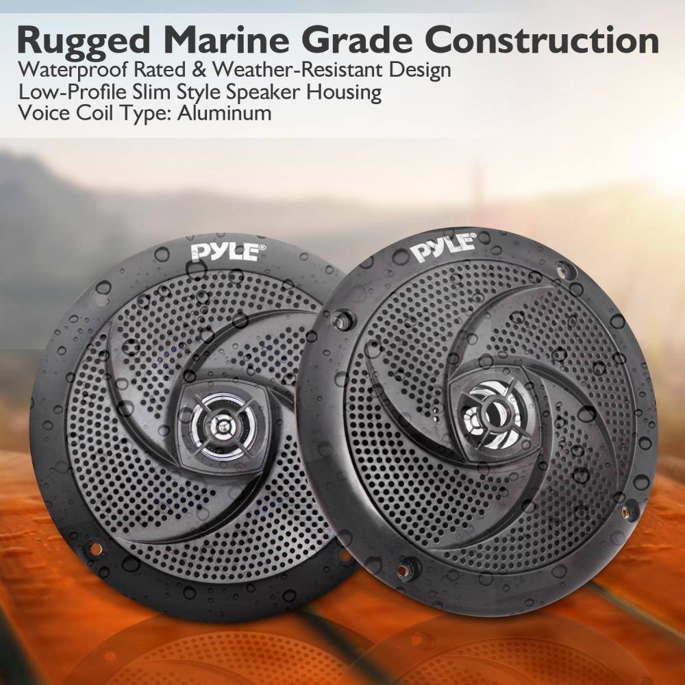Rugged Marine Grade Construction  
Waterproof Rated & Weather-Resistant Design  
Low-Profile Slim Style Speaker Housing  
Voice Coil Type: Aluminum  

PYLE