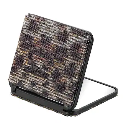 Front. Unique Bargains - Rhinestone Compact Mirror, Rectangle Double-Sided Folding Pocket Mirror Portable for Women Girls Purse - Yellow Leopard.