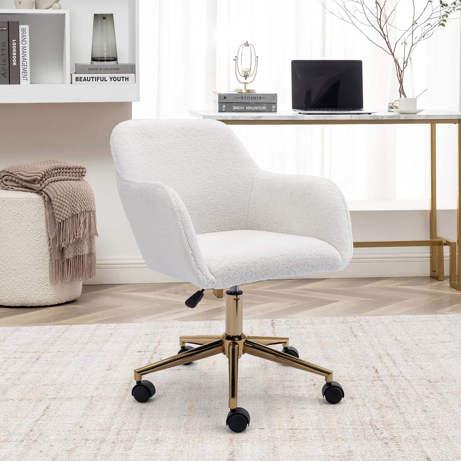 Ecooso - Modern Teddy Fabric Material Adjustable Height 360 Revolving Home Office Chair With Gold Metal Legs,White - White Teddy