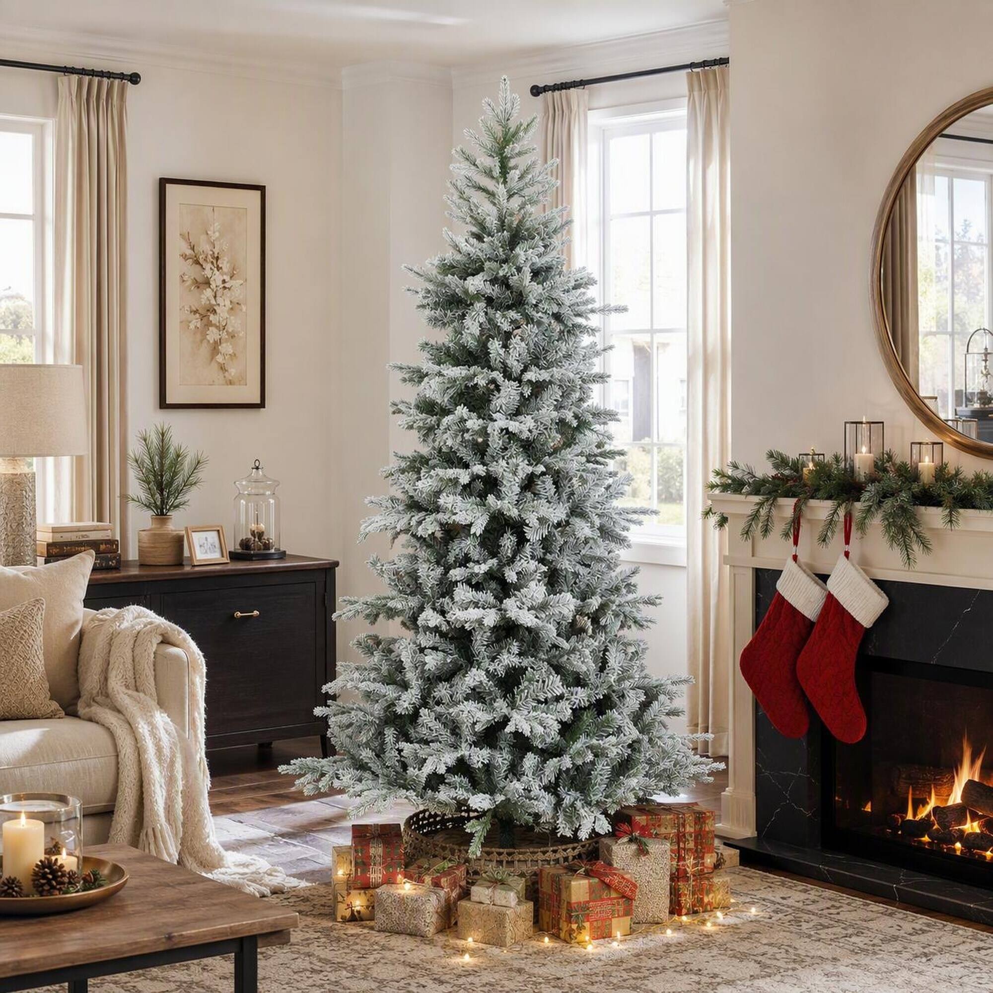 RYHNUYNE HOMCOM 7.5 Ft Artificial Frosted Christmas Tree, Realistic ...