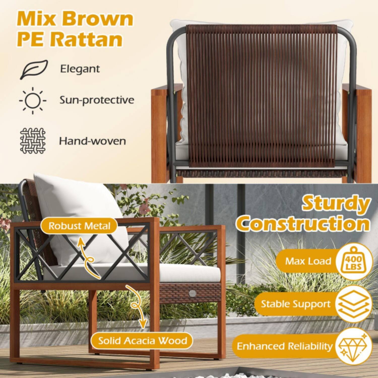 Mix Brown PE Rattan  
Elegant  
Sun-protective  
Hand-woven  

Sturdy Construction  
Robust Metal  
Solid Acacia Wood  
Max Load 400 LBS  
Stable Support  
Enhanced Reliability