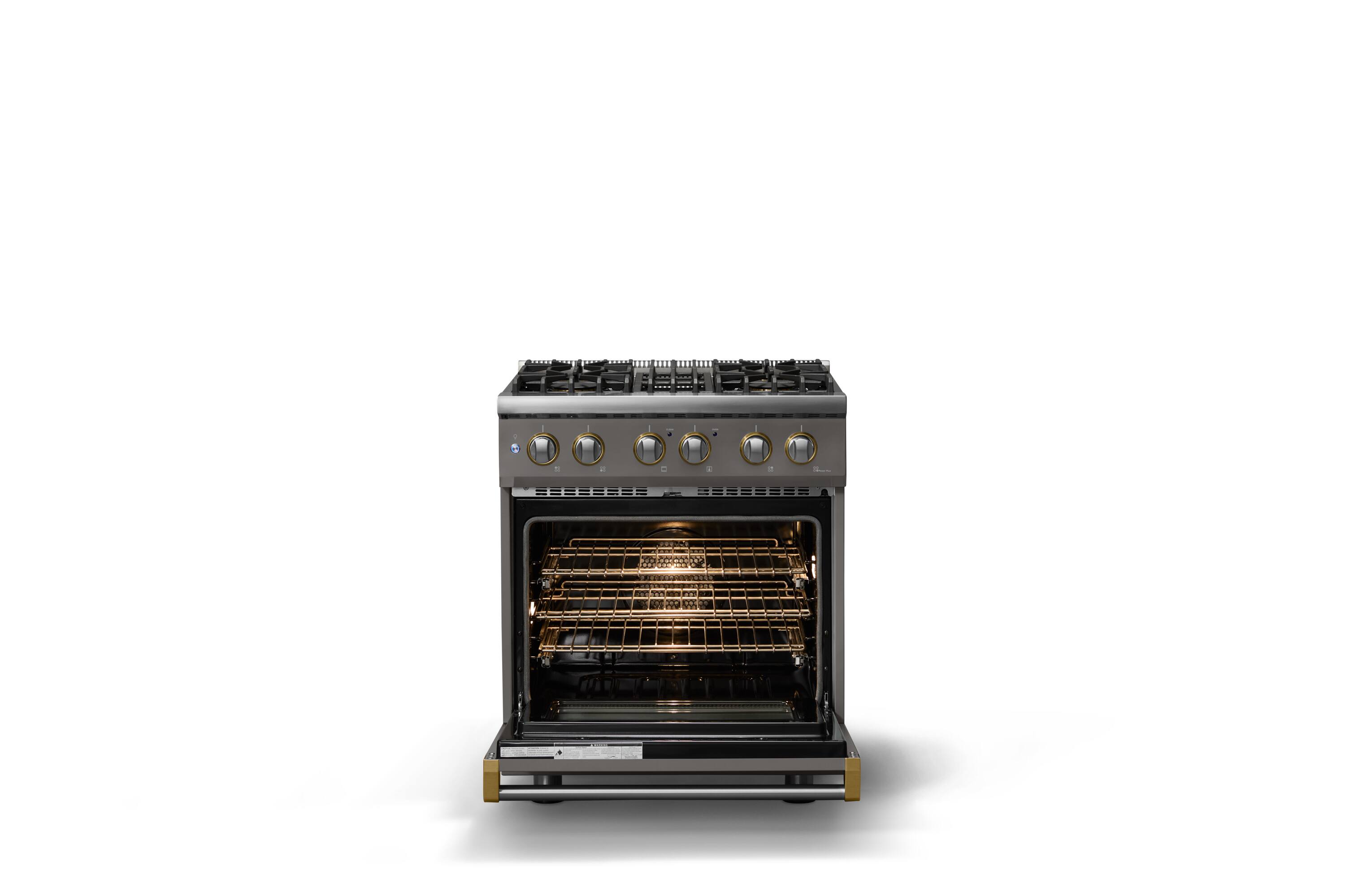 Alt View 2. Viking - 30 in. Wide 4 Burner Pro 5 Series 4.7 Cu. Ft. Freestanding Sealed DF Convection Range with Brushed Brass Trim - Damascus Gray.