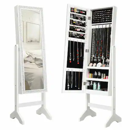Front. Gymax - Gymax Full Length Mirror Jewelry Organizer Vanity Box w/ 18 LED Lights White - White.