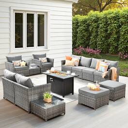Ovios - 13 PCS Patio Furniture Set Sectional Sofa Comfy Armchair with Ottoman & 42" Fire Pit Table No Assembly Required - Drak Gray