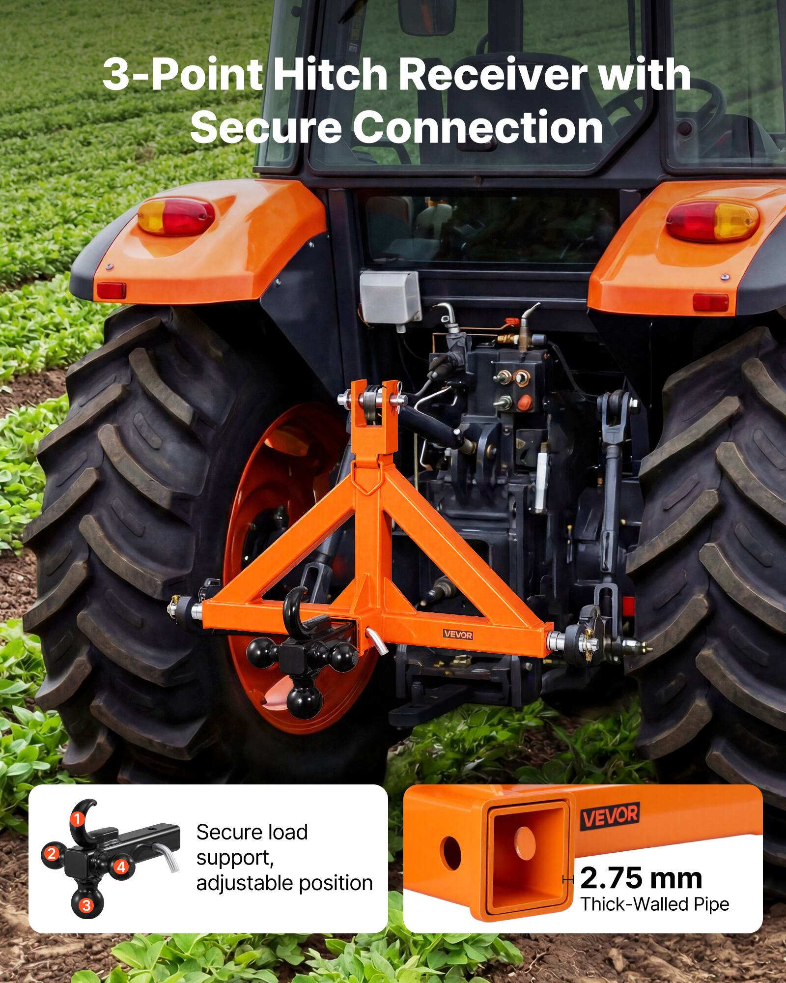 3-Point Hitch Receiver with Secure Connection

Secure load support, adjustable position

2.75 mm Thick-Walled Pipe