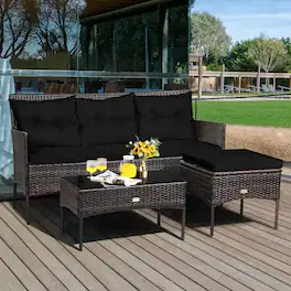 Costway - 3 PCS Patio Rattan Furniture Set 3-Seat Sofa Cushioned Table Garden - Black