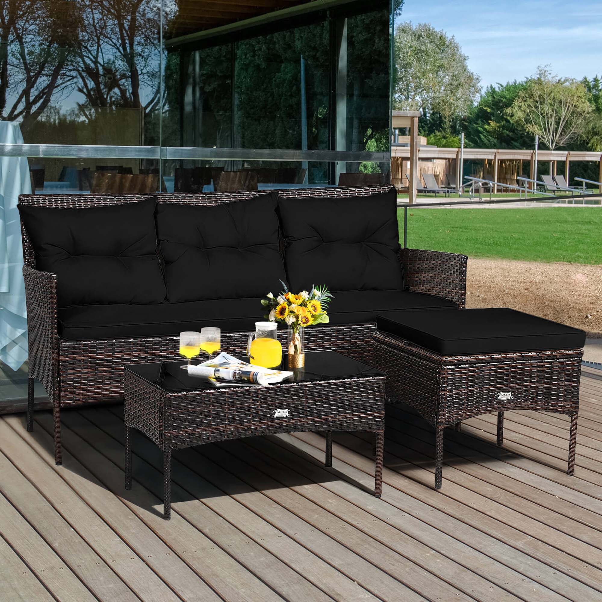 Alt View 1. Costway - Costway 3 PCS Patio Rattan Furniture Set 3-Seat Sofa Cushioned Table Garden - Black.