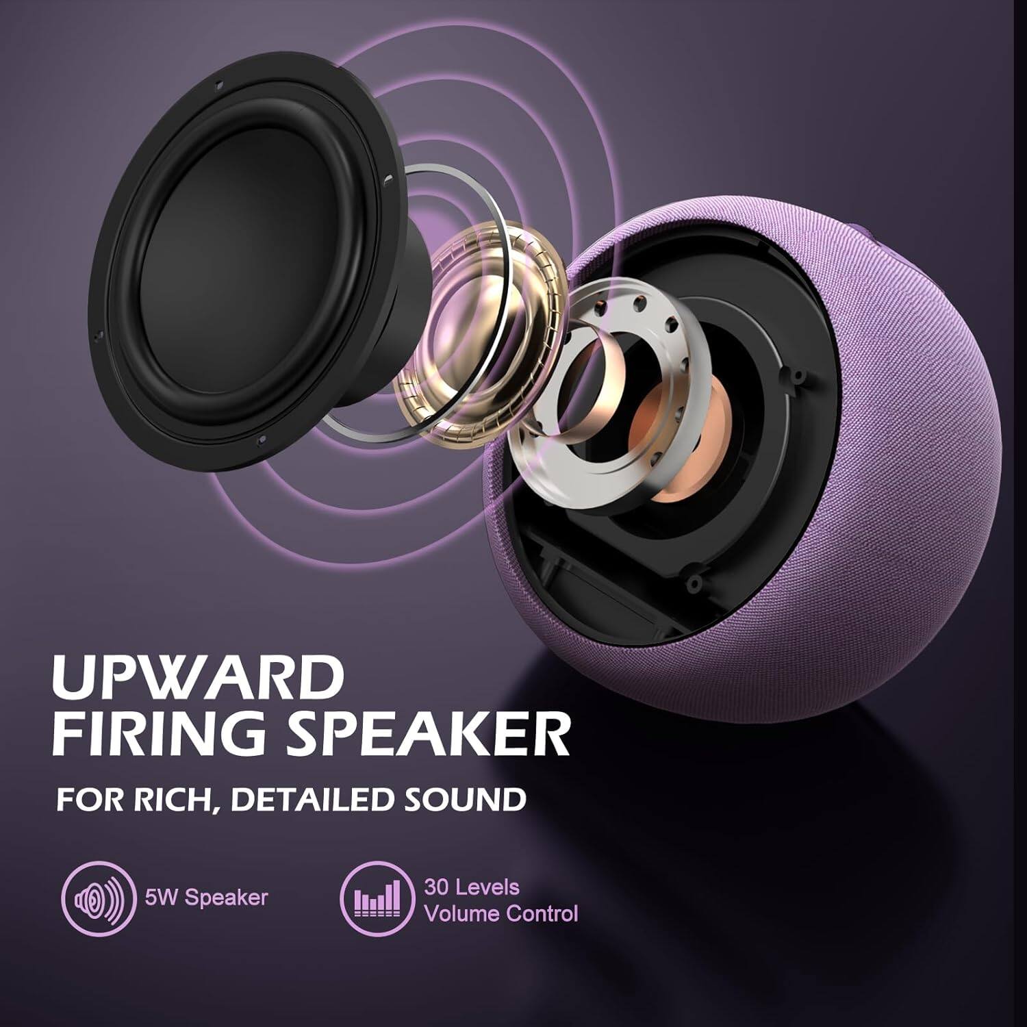 UPWARD FIRING SPEAKER  
FOR RICH, DETAILED SOUND  

5W Speaker  
30 Levels Volume Control