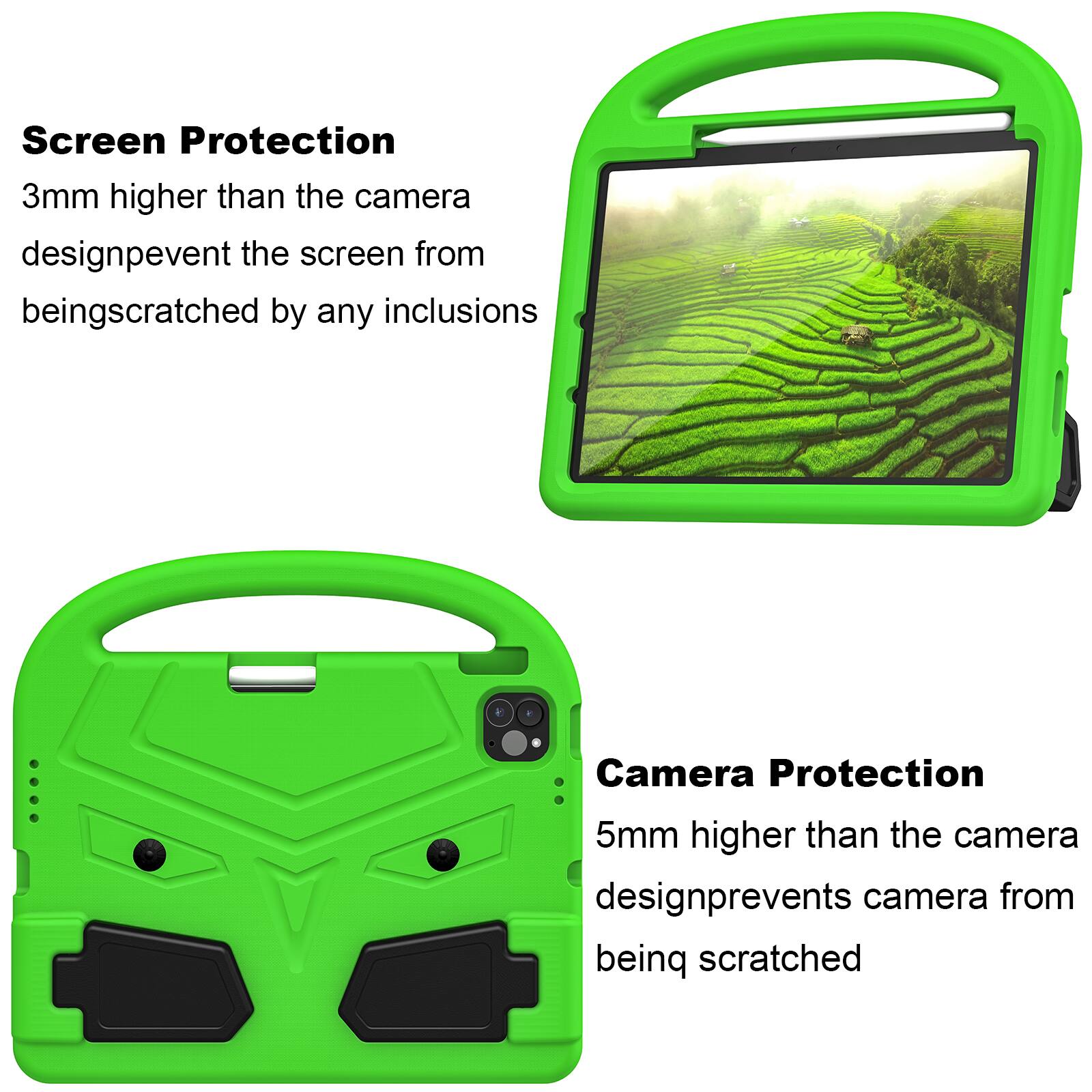 Screen Protection  
3mm higher than the camera design prevents the screen from being scratched by any inclusions  

Camera Protection  
5mm higher than the camera design prevents the camera from being scratched