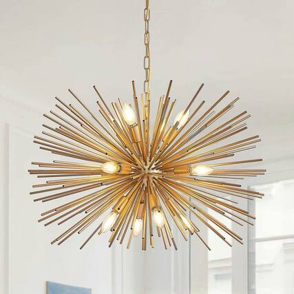 Front. Kadyn - 29" Mid-Century Modern 12-Light Starburst Chandelier – Gold Sputnik Pendant Light Fixture, Gold - Gold.