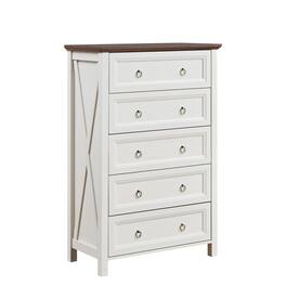 Boyel Living - Farmhouse 5 Drawers Dresser Chests for Bedroom, Wood Rustic Tall Chest of Drawers, Dressers Organizer for Bedroom - White