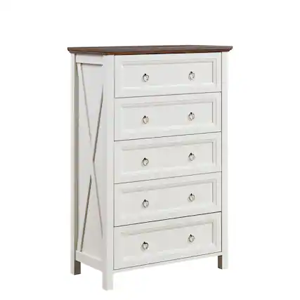 Front. Boyel Living - Farmhouse 5 Drawers Dresser Chests for Bedroom, Wood Rustic Tall Chest of Drawers, Dressers Organizer for Bedroom - White.