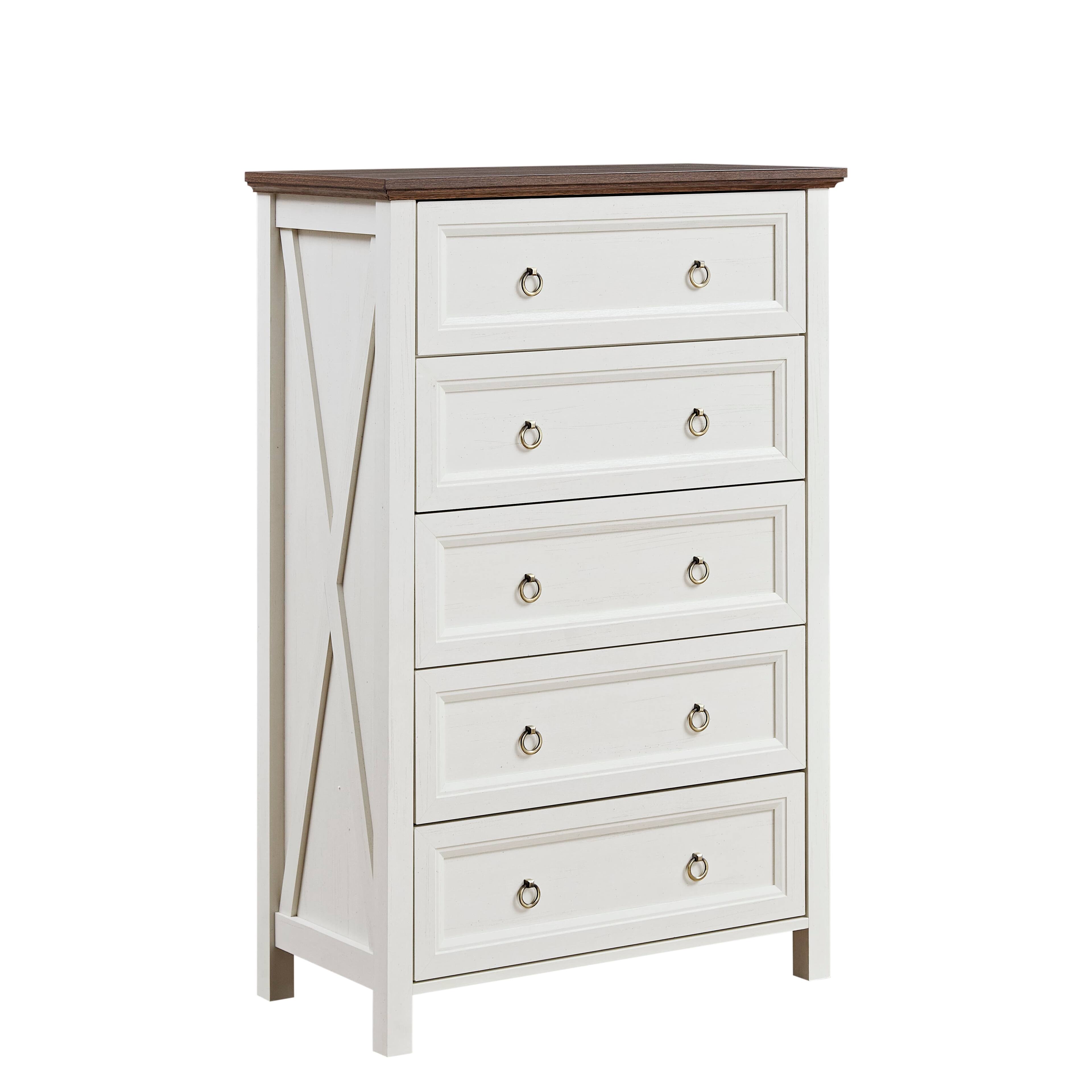 Front. Boyel Living - Farmhouse 5 Drawers Dresser Chests for Bedroom, Wood Rustic Tall Chest of Drawers, Dressers Organizer for Bedroom - White.