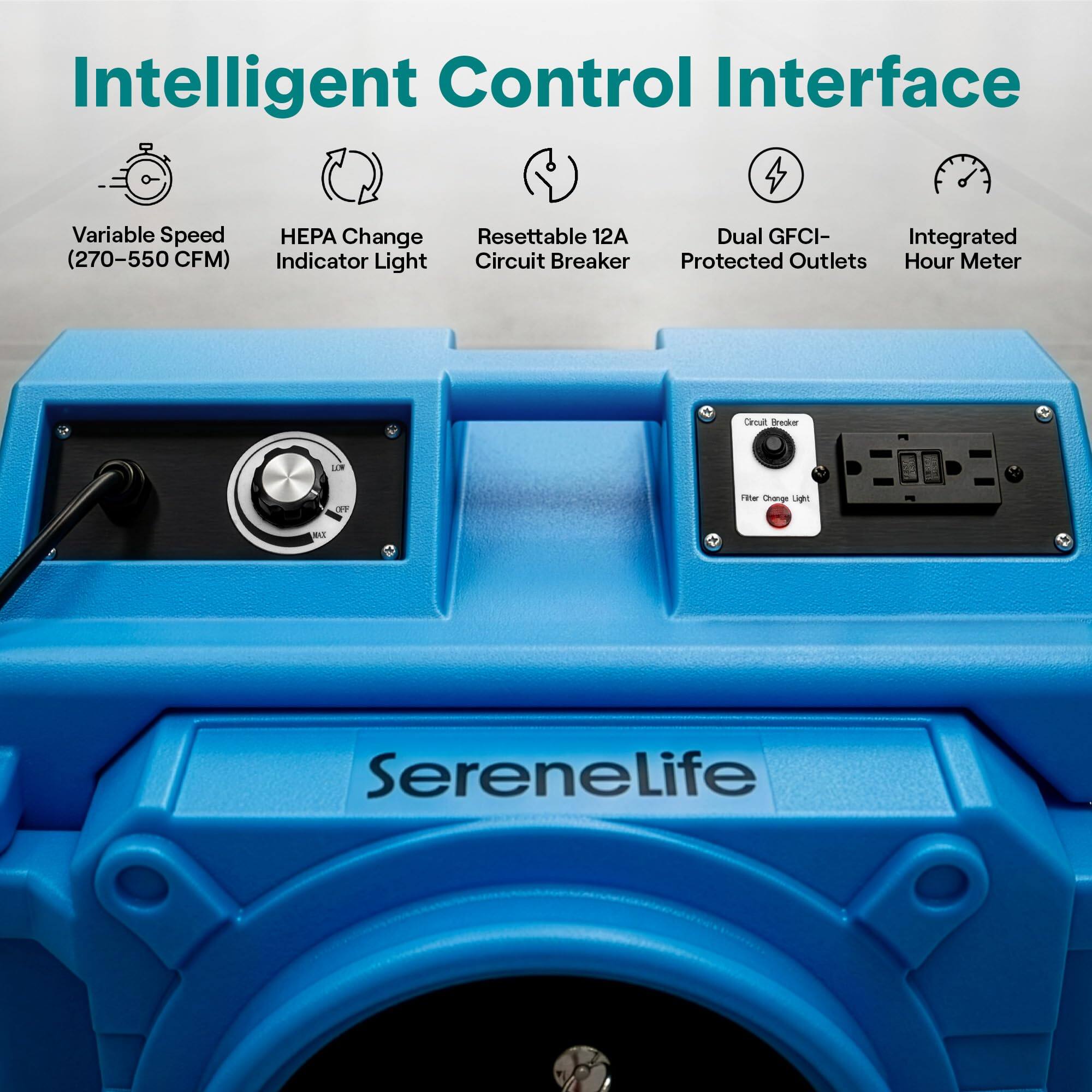 Intelligent Control Interface

- Variable Speed (270-550 CFM)
- HEPA Change Indicator Light
- Resettable 12A Circuit Breaker
- Dual GFCI-Protected Outlets
- Integrated Hour Meter

SereneLife