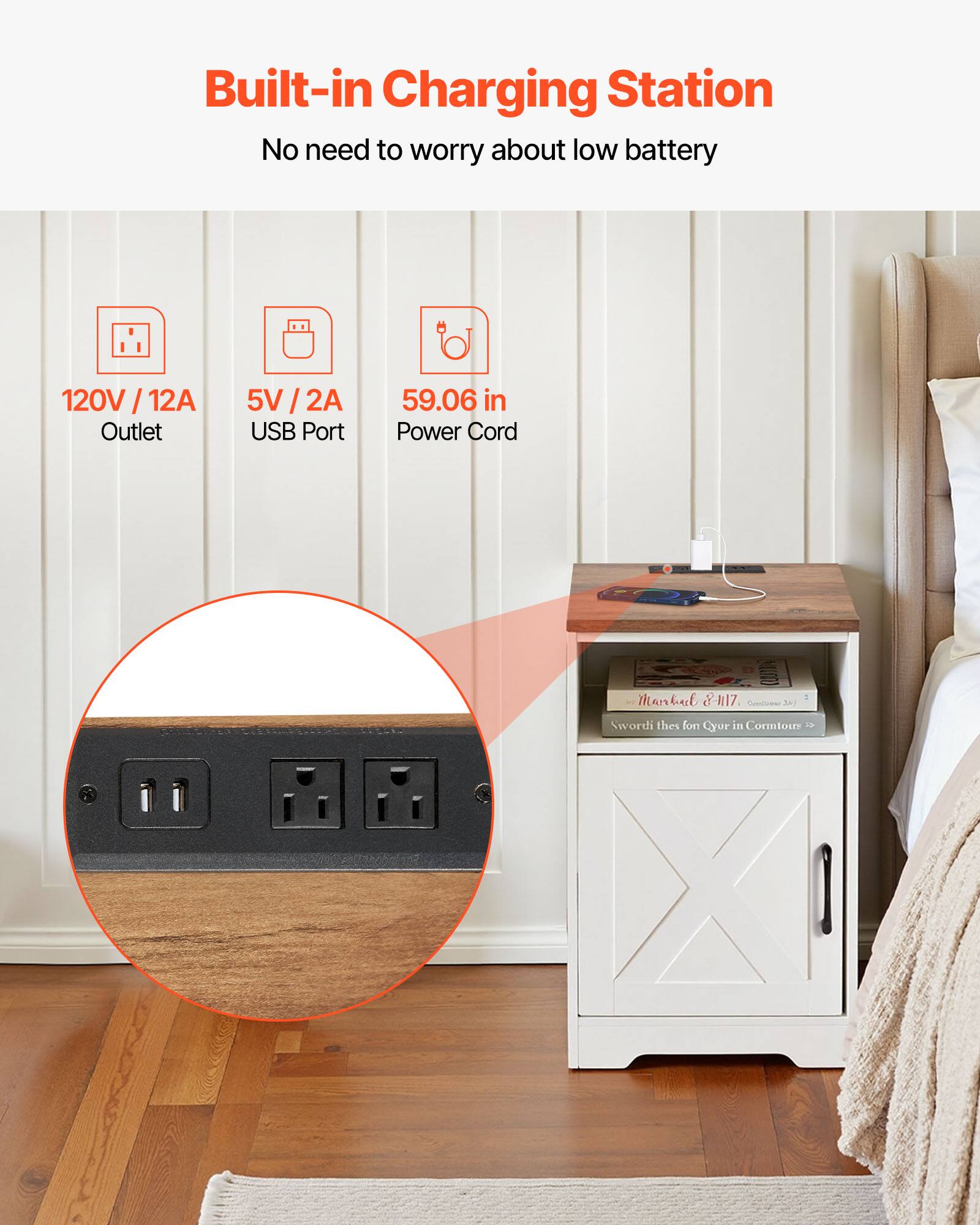Built-in Charging Station, No need to worry about low battery, 120V / 12A Outlet, 5V / 2A USB Port, 59.06 in Power Cord