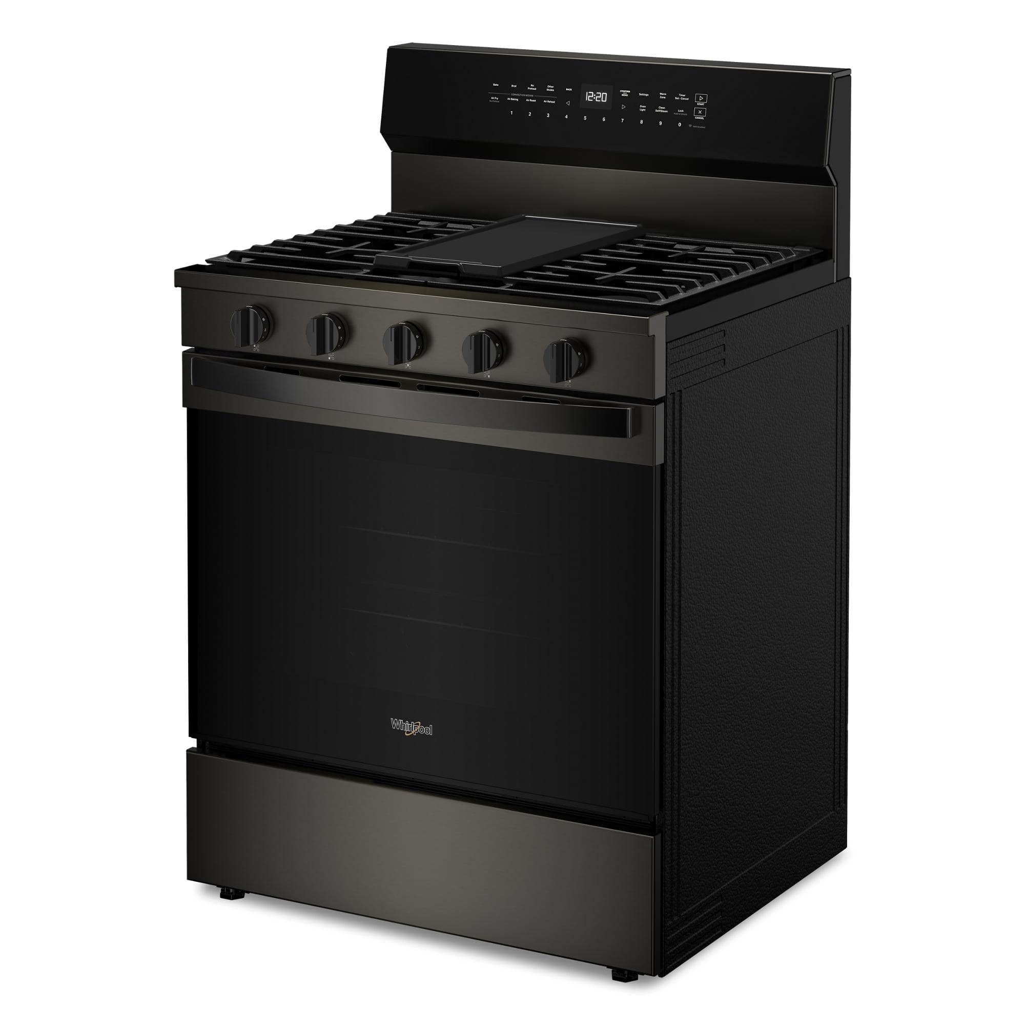 The stove is a black and silver model with a digital display. It has six burners, including a griddle burner, and a broiler. The oven is a convection oven with a self-cleaning feature. The stove is made by the company, Viking.