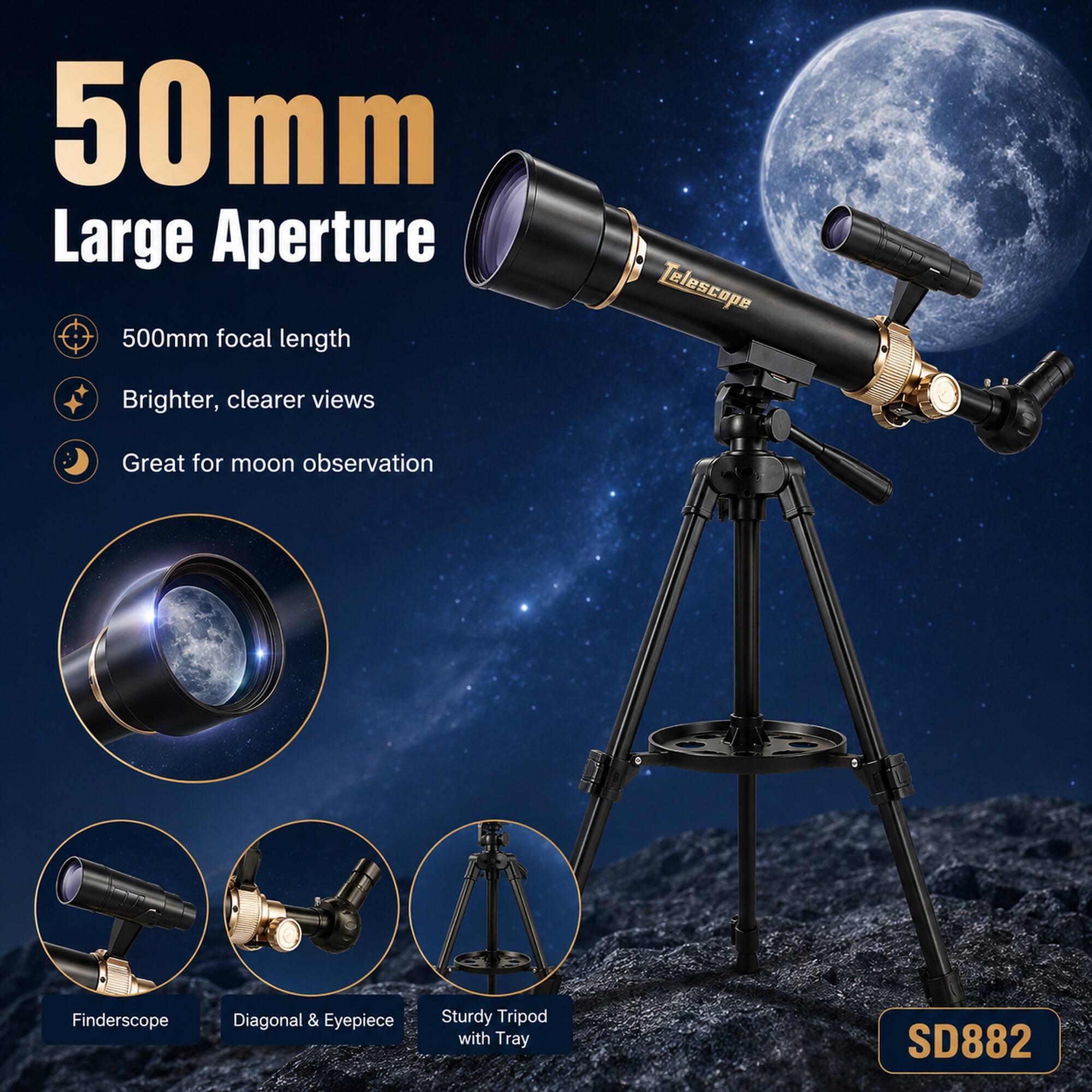 50 mm Large Aperture 500mm focal length Telescope Brighter, clearer views Great for moon observation Finderscope Diagonal & Eyepiece Sturdy Tripod with Tray SD882