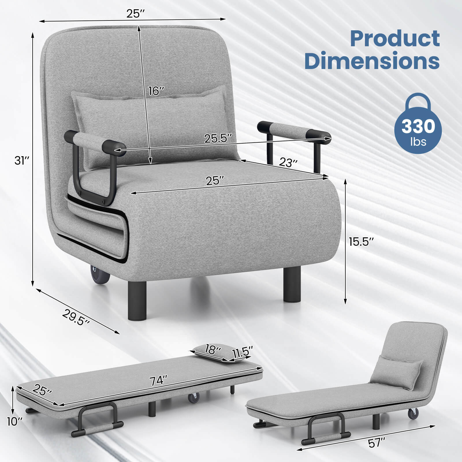 Product Dimensions
- 25"
- 31"
- 29.5"
- 25.5"
- 25"
- 23"
- 16"
- 15.5"
- 25"
- 74"
- 18"
- 11.5"
- 10"
- 57"
330 lbs