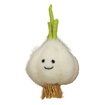 Front. BreeBe - Smiling Garlic Felted Ornament - White, Brown, Green.