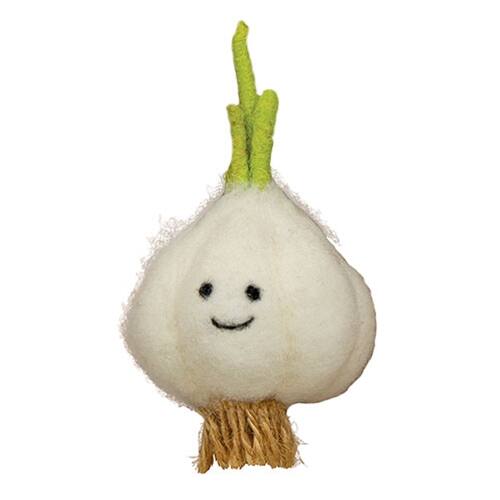 Front. BreeBe - Smiling Garlic Felted Ornament - White, Brown, Green.