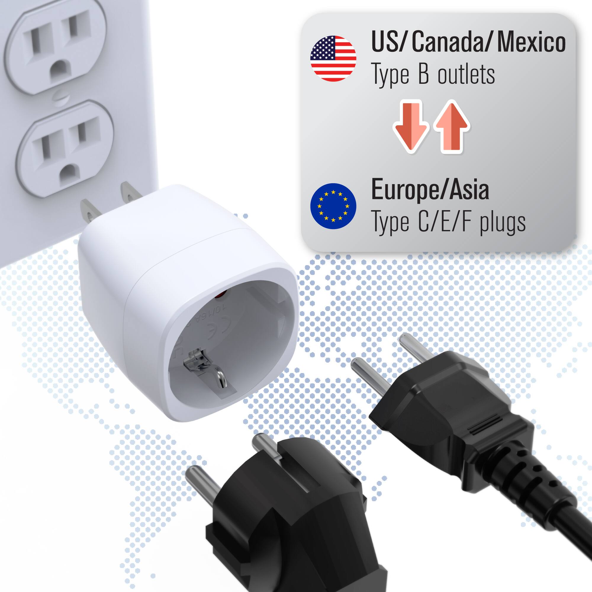 US/Canada/Mexico Type B outlets  
Europe/Asia Type C/E/F plugs