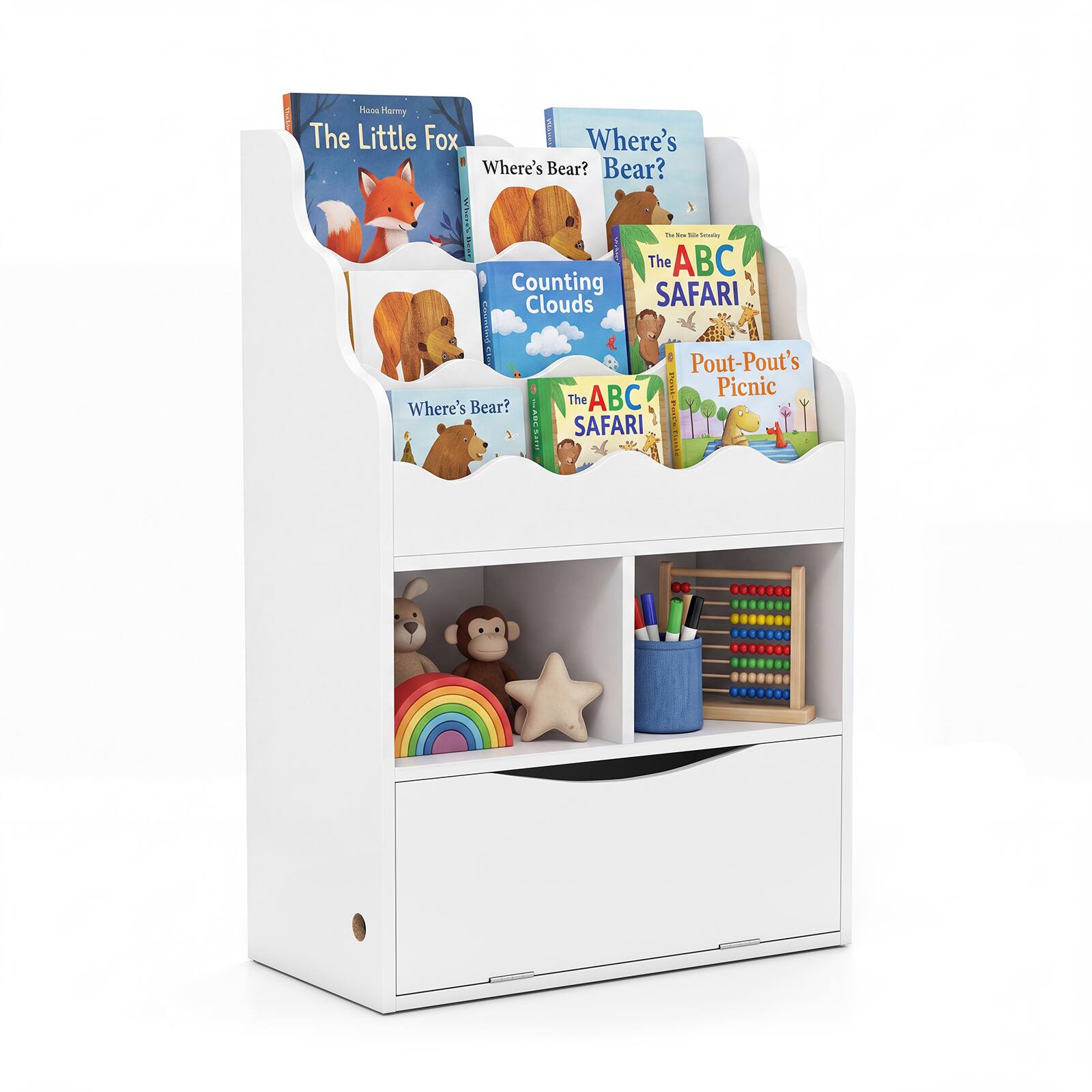 Costway - Kids Bookcase with 3-Tier Sling Bookshelf Open Cubes Flip Down Cabinet for Nursery - White