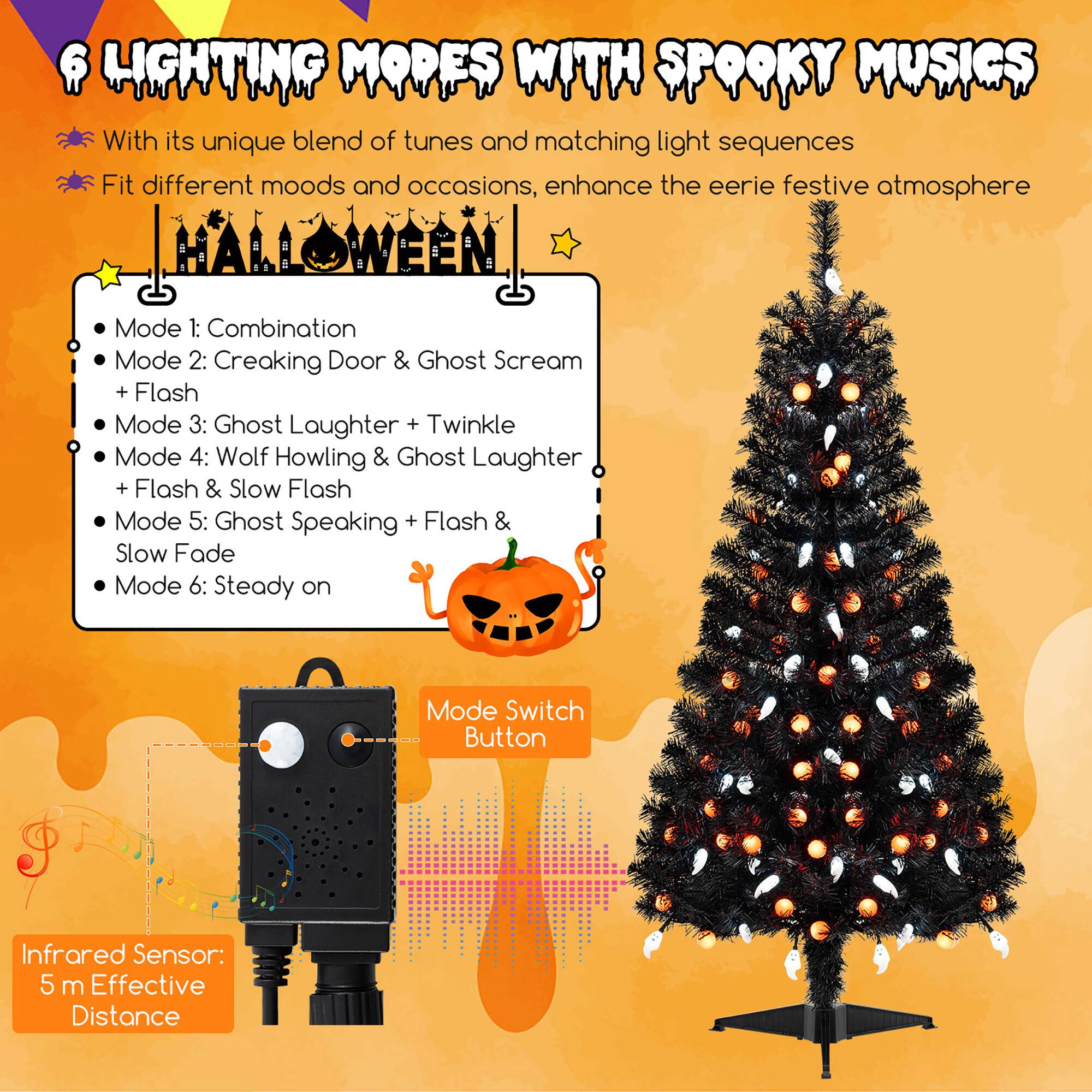 6 LIGHTING MODES WITH SPOOKY MUSICS

With its unique blend of tunes and matching light sequences, enhance the eerie festive atmosphere.

Fit different moods and occasions, am

Mode 1: Combination  
Mode 2: Creaking Door & Ghost Screamer + Flash  
Mode 3: Ghost Laughter + Twinkle  
Mode 4: Wolf Howling & Ghost Laughter + Flash & Slow Flash  
Mode 5: Ghost Speaking + Flash & Slow Fade  
Mode 6: Steady on

Mode Switch Button

Infrared Sensor: 5 m Effective Distance