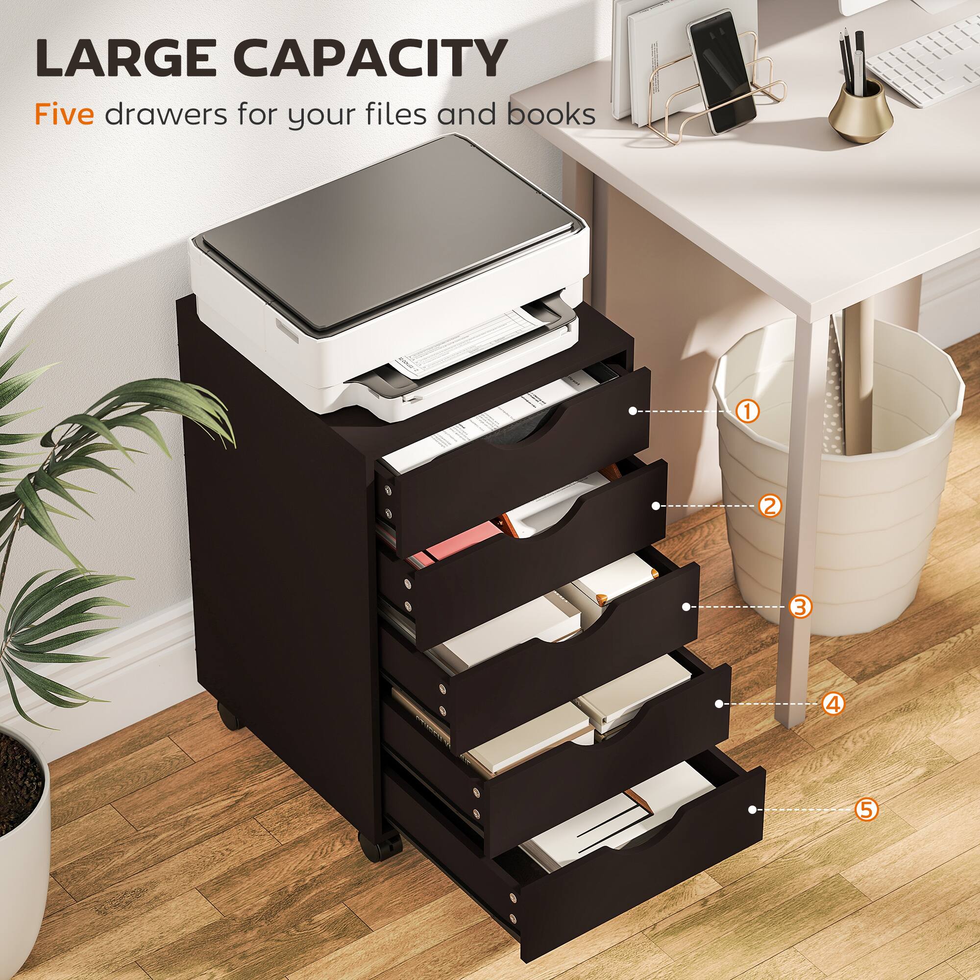 LARGE CAPACITY  
Five drawers for your files and books  
1 2 3 4 5