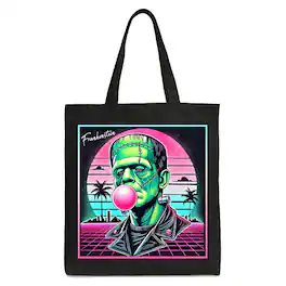 OrnamentallyYou - Vaperwave Frankenstein Retro Neon Horror Canvas Tote Bag, Synthwave 80's Styled Classic Halloween Gift - Black