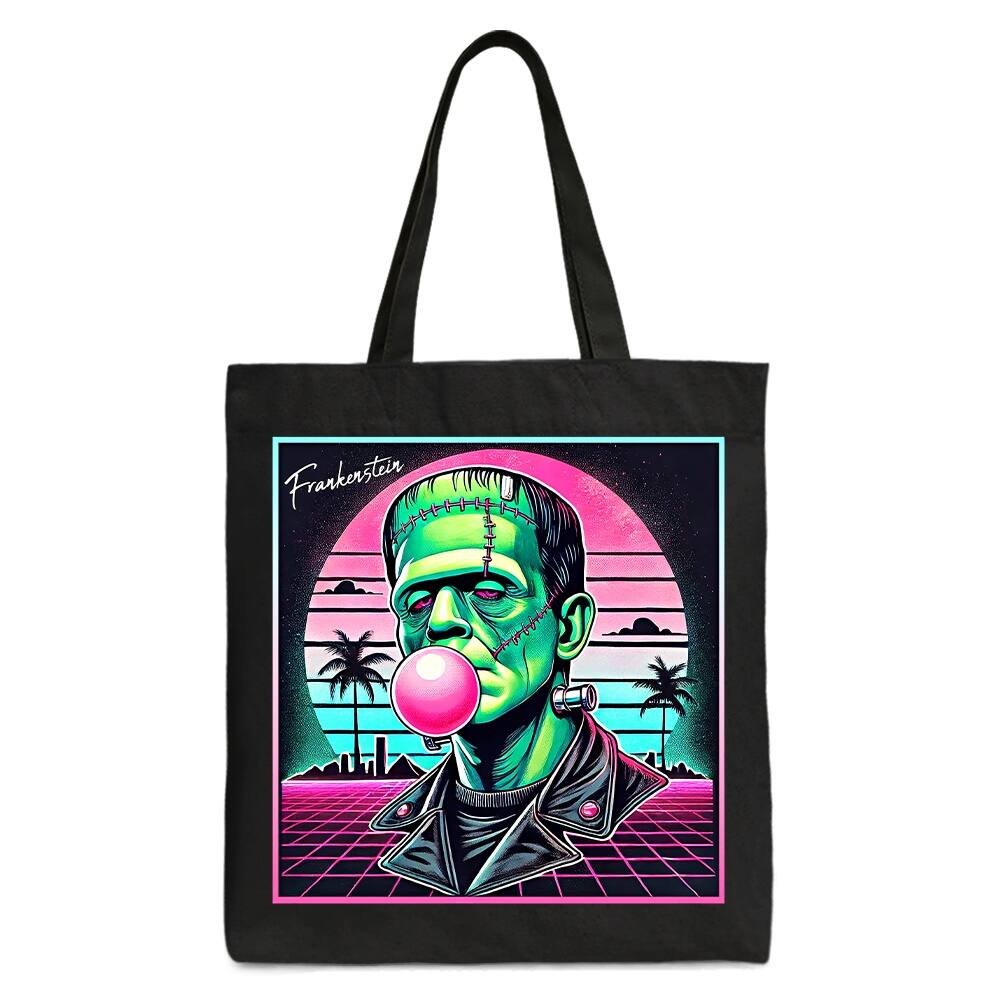 Front. OrnamentallyYou - Vaperwave Frankenstein Retro Neon Horror Canvas Tote Bag, Synthwave 80's Styled Classic Halloween Gift - Black.