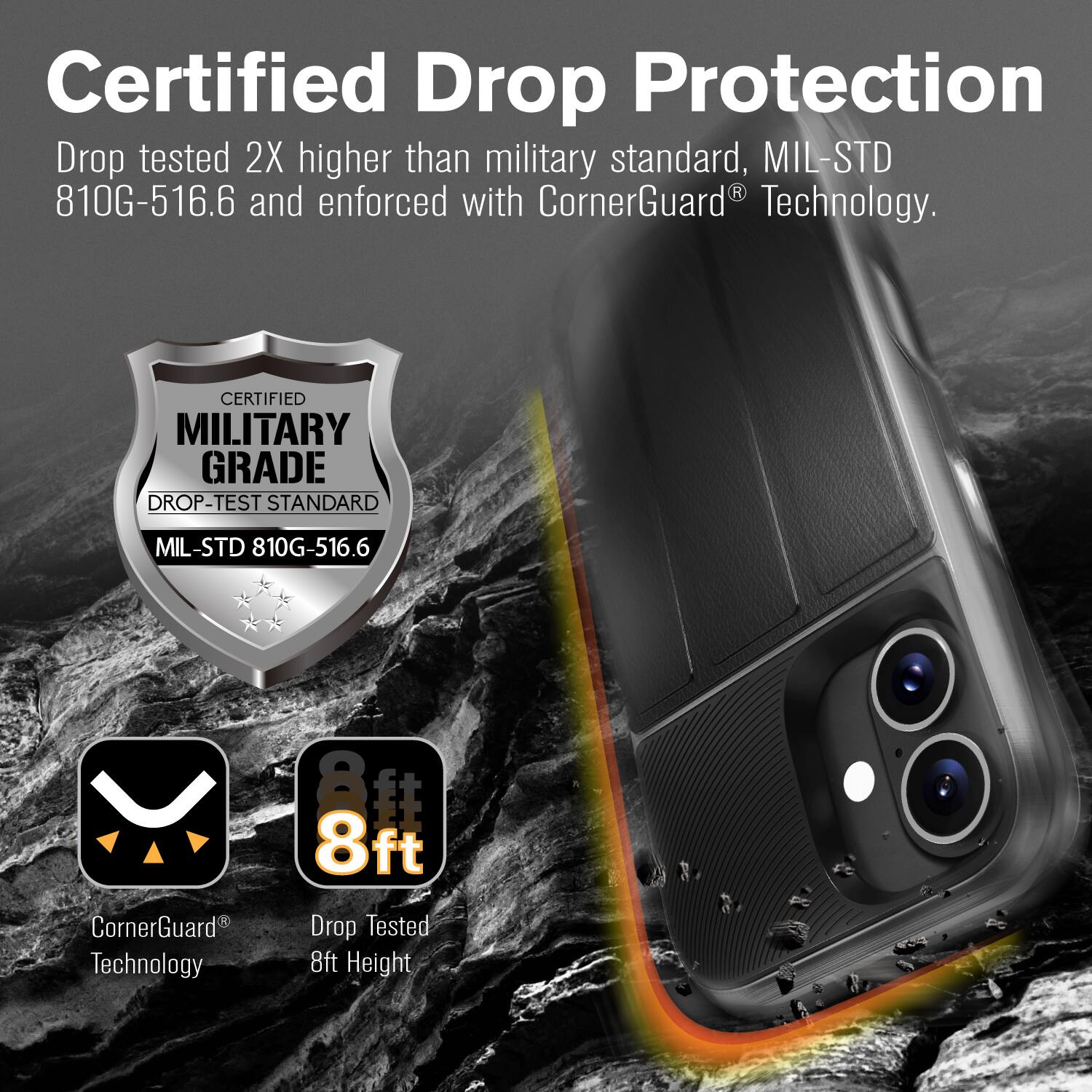 Certified Drop Protection

Drop tested 2X higher than military standard, MIL-STD 810G-516.6 and enforced with CornerGuard® Technology.

Certified Military Grade Drop-Test Standard MIL-STD 810G-516.6

CornerGuard® Technology

Drop Tested 8ft Height