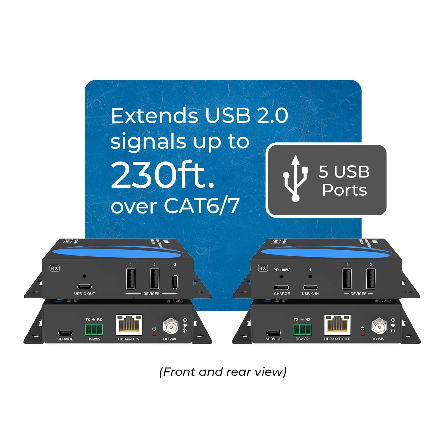 Extends USB 2.0 signals up to 230ft. over CAT6/7  
5 USB Ports  
(Front and rear view)  

- USB-C OUT  
- DEVICES  
- CHARGE  
- TX  
- RX  
- RS-232  
- HDBaseT  
- 24V  
- SERVICE TX  
- PX  
- RS-232  
- HDBaseT  
- OUT  
- BK0