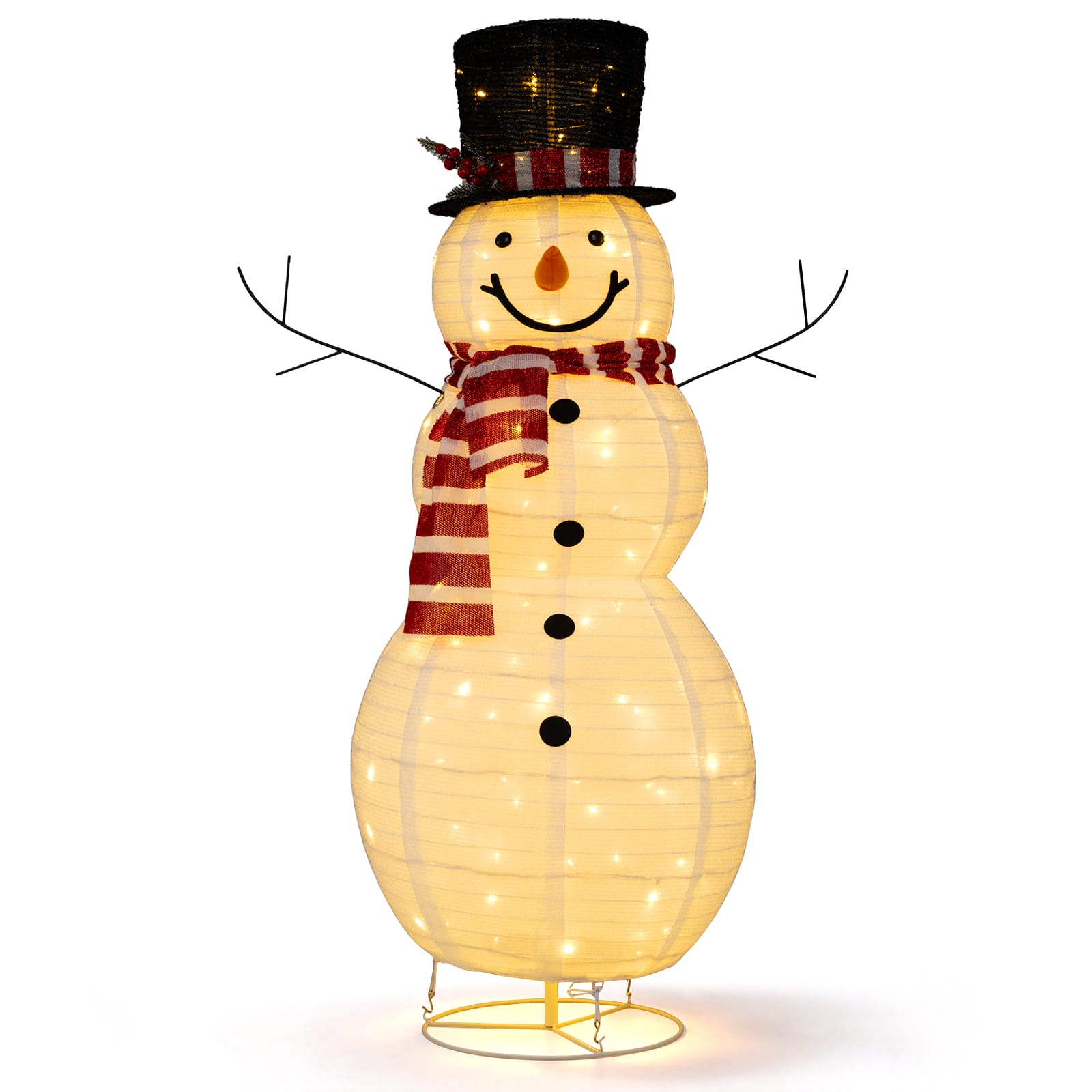 Costway - 4.2 FT Lighted Christmas Snowman with Top Hat Branch Arms LED Lights Striped Scarf - White